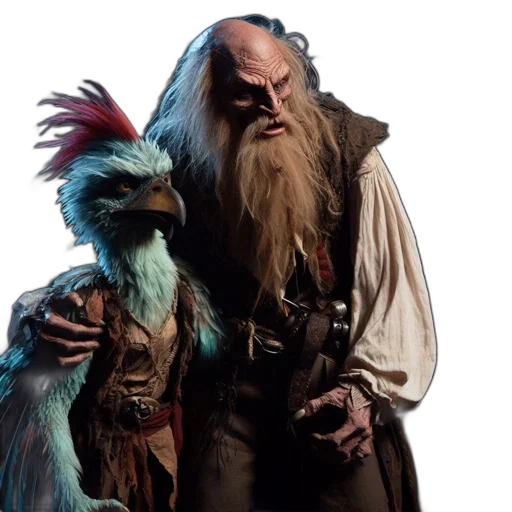 concept art, bird-like, creature, outfit, stern, elder, sword, dimly transparent PNG cut-out