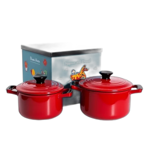 set, three, red, ceramic, pots, black, handles, displayed transparent PNG cut-out