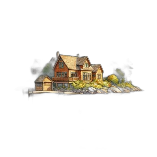 building, concept art, 3d render, watercolor, photorealistic, fog, earth tones, peaceful transparent PNG cut-out
