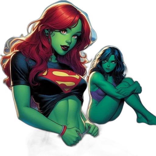 comic book art, concept art, green, neon, two, green-skinned, females, vibrant transparent PNG cut-out
