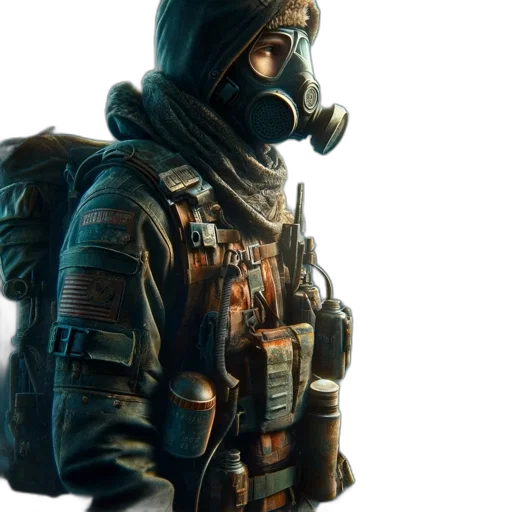 jacket, mask, weapon, face, concept art, cyberpunk, 3d render, fantasy art transparent PNG cut-out
