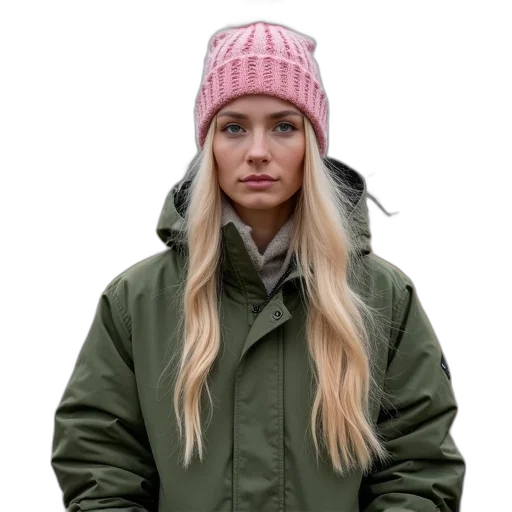 jacket, hat, face, staff, earth tones, pastel, green, person transparent PNG cut-out