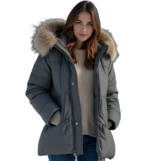 jacket, 3d render, monochrome, women, winter, gray, puffer, fur transparent PNG cut-out