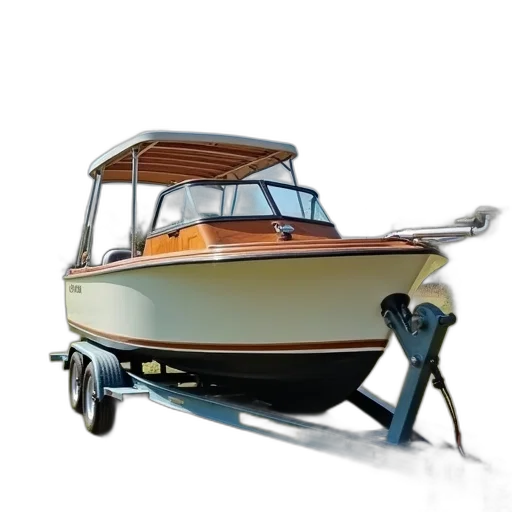 photorealistic, 3d render, white, motorboat, wooden, deck, parked, trailer transparent PNG cut-out
