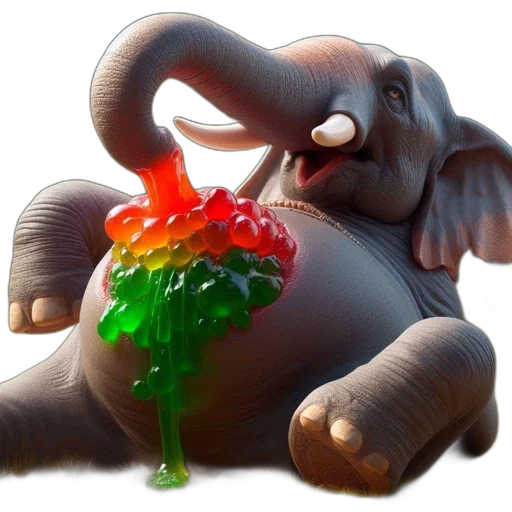 flower, 3d render, elephant, sits, grass, holding, dripping, gummy transparent PNG cut-out