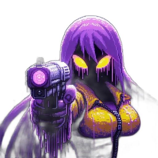 weapon, robot, mask, hair, cyberpunk, pixel art, concept art, 3d render transparent PNG cut-out