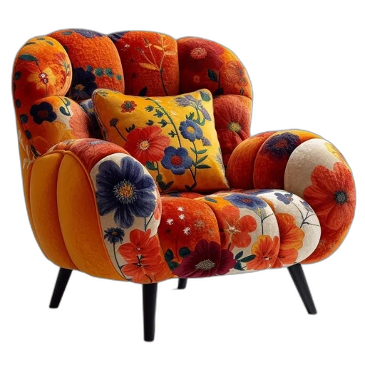 furniture, vibrant, floral-patterned, chair, intricate, design, sitting, against transparent PNG cut-out