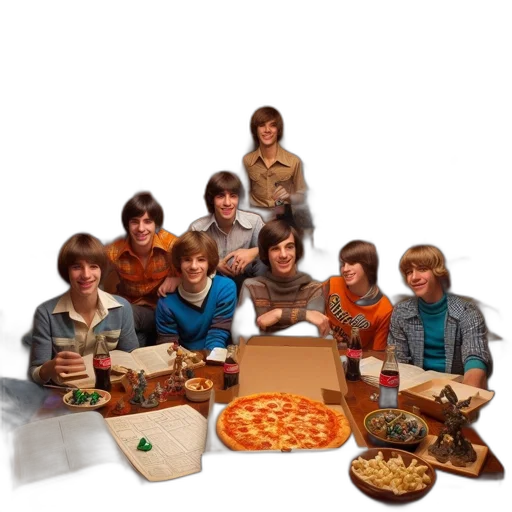 food, 3d render, concept art, pixel art, photorealistic, teenagers, gather, wood-paneled transparent PNG cut-out
