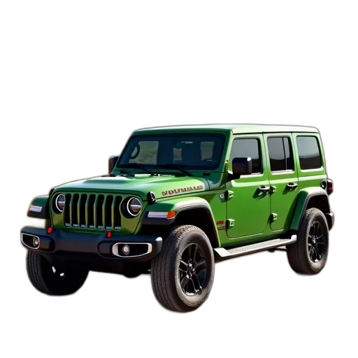 car, animal, 3d render, photorealistic, green, jeep, wrangler, parked transparent PNG cut-out