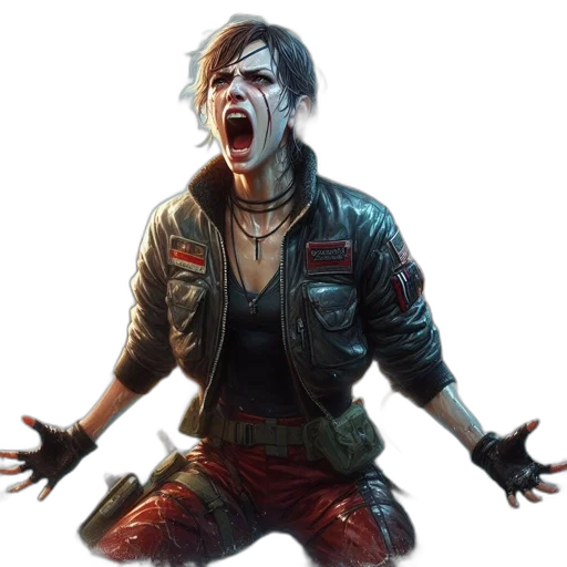 jacket, face, concept art, cyberpunk, woman, leather, shouts, amidst transparent PNG cut-out