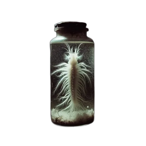 bottle, hair, creature, crown, photorealistic, 3d render, antique, lab transparent PNG cut-out