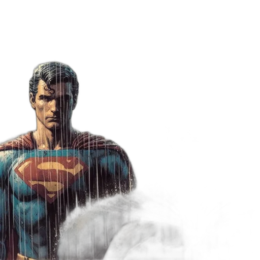 comic book art, concept art, photorealistic, fantasy art, superman, batman, stand, rain transparent PNG cut-out