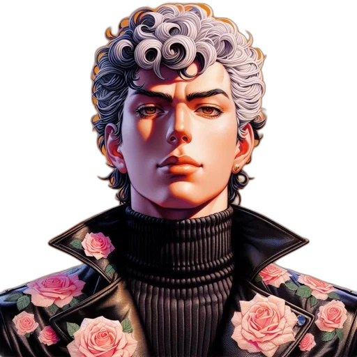 jacket, crown, face, flower, vaporwave, concept art, cyberpunk, photorealistic transparent PNG cut-out