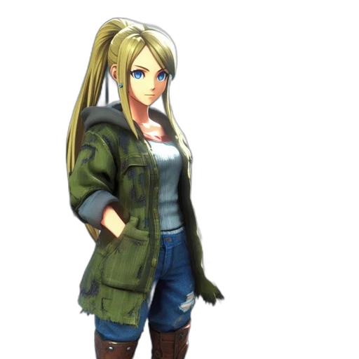 jacket, staff, weapon, 3d render, concept art, pixel art, anime, earth tones transparent PNG cut-out