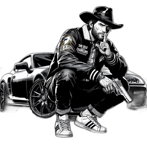 jacket, car, cartoon, concept art, comic book art, photorealistic, man, cowboy transparent PNG cut-out