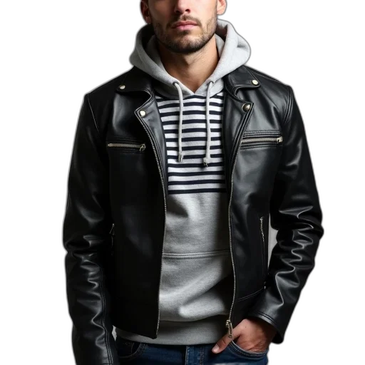 jacket, photorealistic, monochrome, man, wearing, black, leather, zipper transparent PNG cut-out