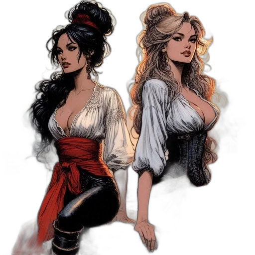 fantasy art, comic book art, concept art, photorealistic, red, dark, two, dressed transparent PNG cut-out