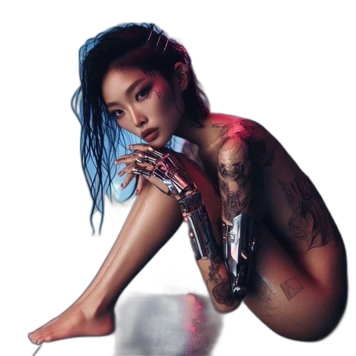 cyberpunk, photorealistic, concept art, neon lights, individual, wet, hair, intricate transparent PNG cut-out