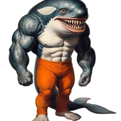 creature, animal, concept art, comic book art, photorealistic, 3d render, anthropomorphic, shark-human transparent PNG cut-out