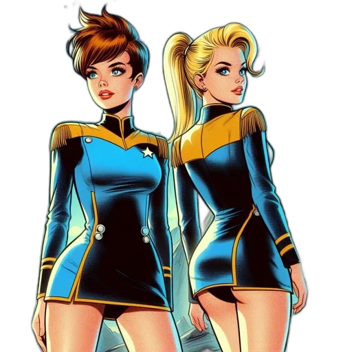 comic book art, concept art, cartoon, pixel art, outer space, two, female, characters transparent PNG cut-out