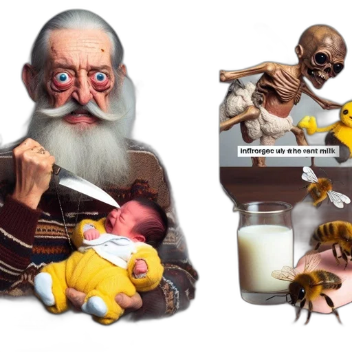 concept art, photorealistic, elderly, man, beard, holds, knife, baby transparent PNG cut-out