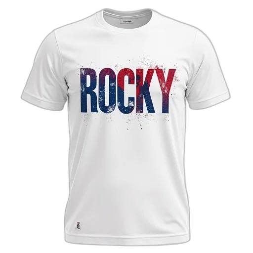 white, t-shirt, distressed, print, word, rocky, blue, red transparent PNG cut-out