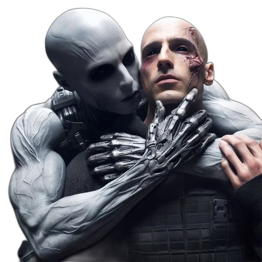 robot, concept art, comic book art, cyberpunk, outer space, two, individuals, engage transparent PNG cut-out
