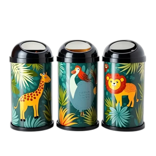 set, three, identical, trash, cans, jungle, theme, featuring transparent PNG cut-out