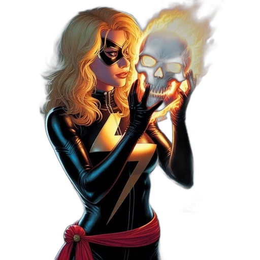 mask, comic book art, concept art, fire, blonde, female, superhero, flaming transparent PNG cut-out