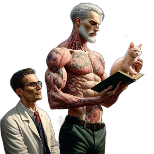 comic book art, concept art, cyberpunk, fantasy art, tattooed, man, cat, flanked transparent PNG cut-out