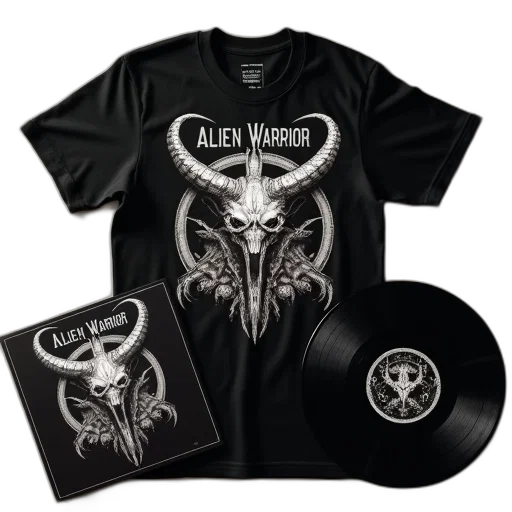 black, t-shirt, graphic, design, horned, creature, text, alien transparent PNG cut-out