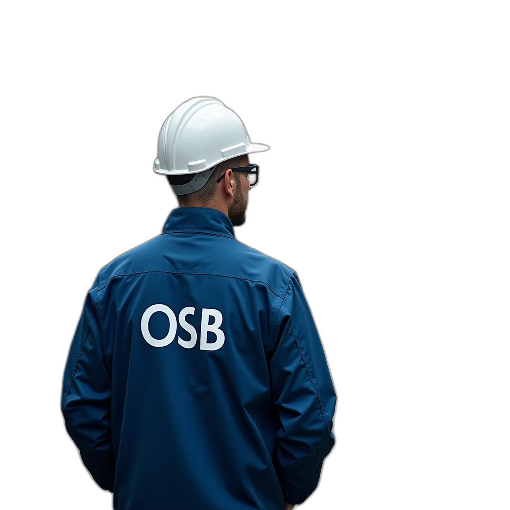 staff, jacket, man, blue, letters, osb, back, standing transparent PNG cut-out