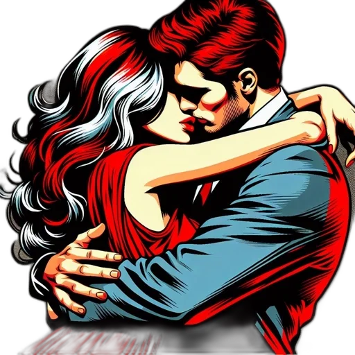 comic book art, cartoon, photorealistic, fantasy art, red, couple, passionate, embrace transparent PNG cut-out