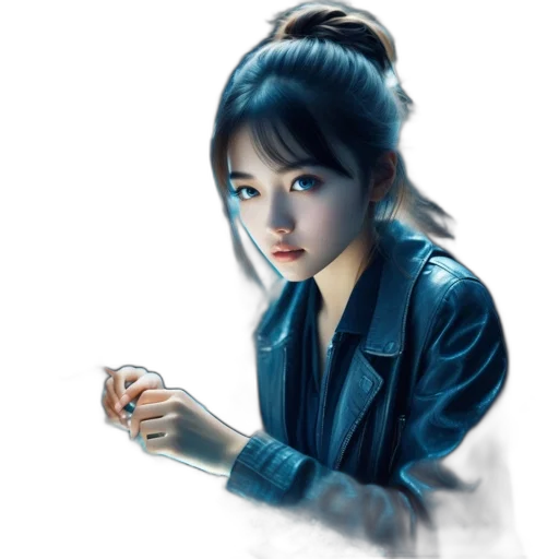 photorealistic, oil painting, fantasy art, anime, neon lights, rain, blue, monochrome transparent PNG cut-out