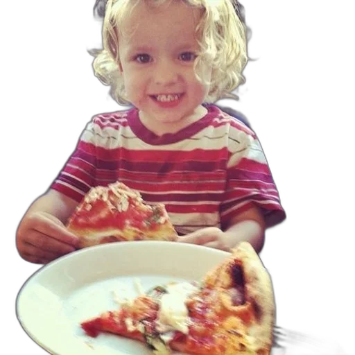 food, face, photorealistic, child, striped, shirt, eating, pizza transparent PNG cut-out