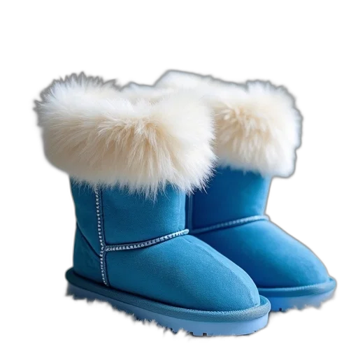 shoes, blue, pair, childrens, boots, white, fur transparent PNG cut-out