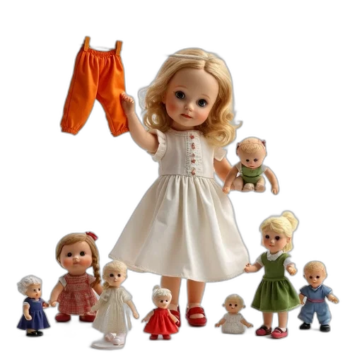 dress, 3d render, porcelain, doll, blonde, hair, white, hanging transparent PNG cut-out