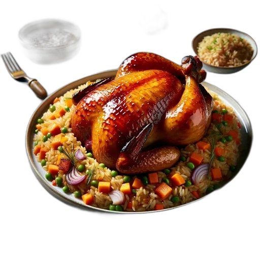 food, photorealistic, 3d render, roasted, chicken, rice, veggies, textured transparent PNG cut-out