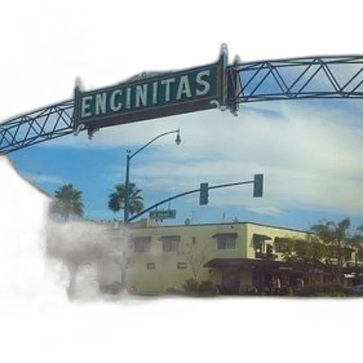 photorealistic, 3d render, concept art, street, sign, encinitas, seen, above transparent PNG cut-out