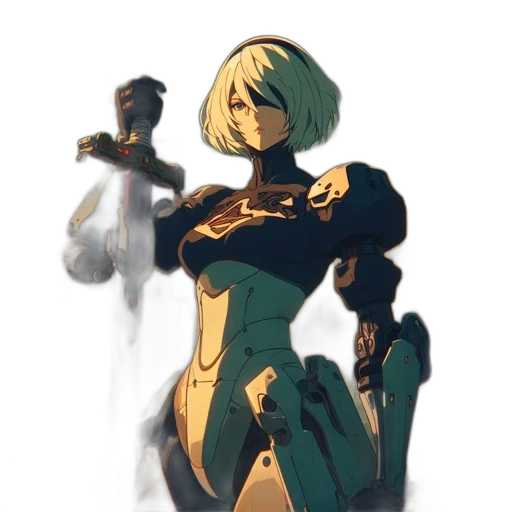 robot, dress, weapon, mask, concept art, comic book art, cyberpunk, anime transparent PNG cut-out