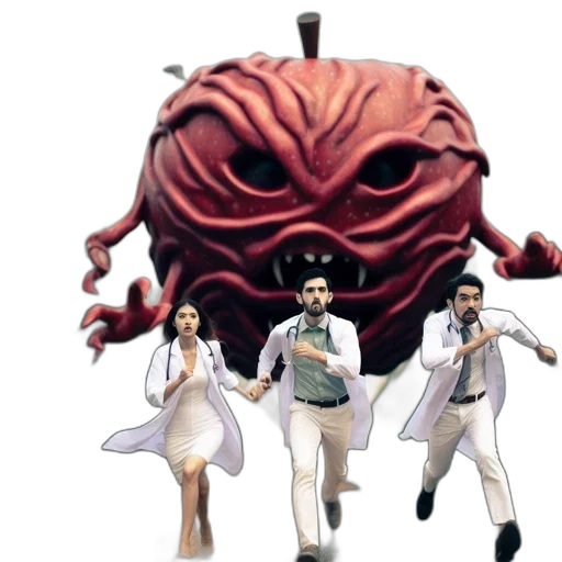 creature, mask, concept art, 3d render, anthropomorphic, threatening, apple, pursues transparent PNG cut-out