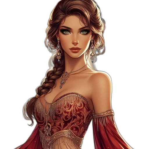 dress, jewelry, fantasy art, concept art, pixel art, comic book art, red, golden transparent PNG cut-out