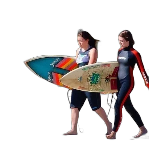3d render, concept art, two, women, wetsuits, walk, beach, surfboards transparent PNG cut-out