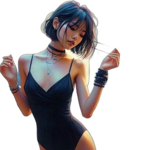 dress, jewelry, concept art, cyberpunk, anime, fantasy art, neon lights, blue transparent PNG cut-out