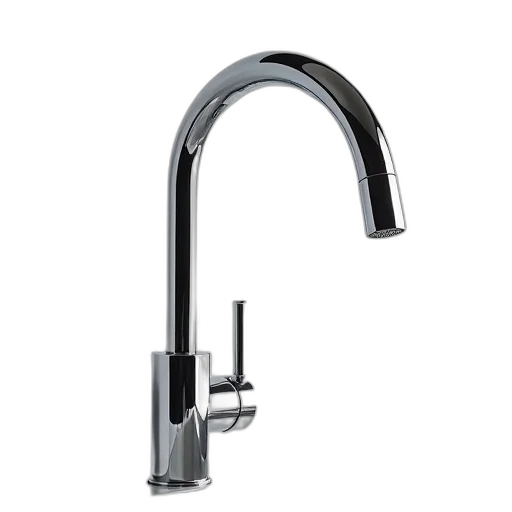 sleek, modern, chrome, kitchen, faucet, curved, spout, single transparent PNG cut-out