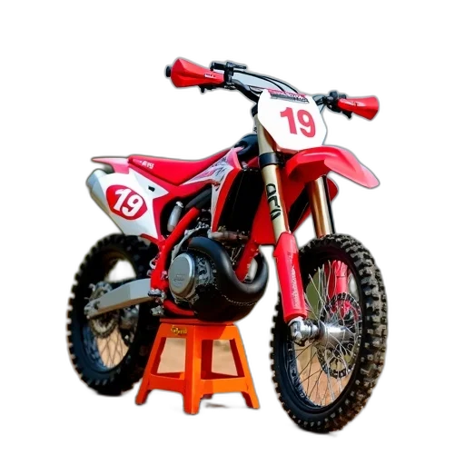 3d render, photorealistic, red, white, dirt, bike, number, side transparent PNG cut-out