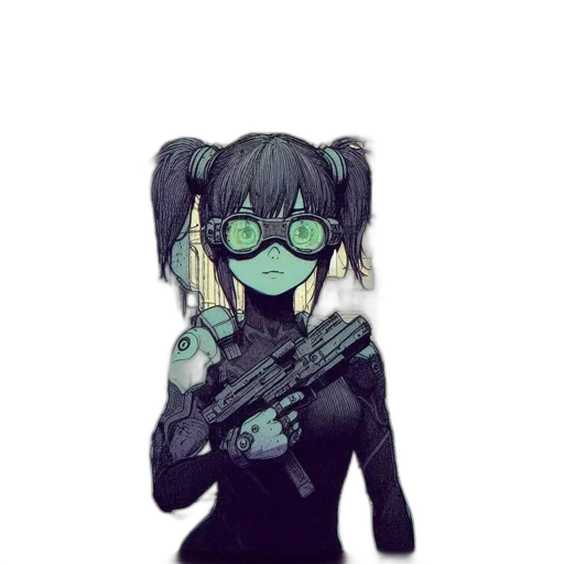 weapon, mask, jacket, cyberpunk, anime, cartoon, pixel art, green transparent PNG cut-out