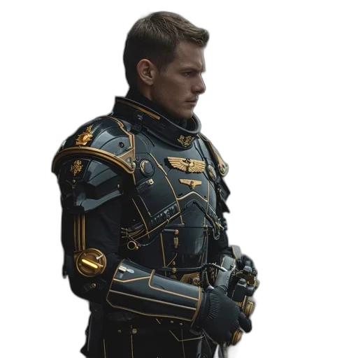 jacket, robot, staff, weapon, concept art, 3d render, cyberpunk, fantasy art transparent PNG cut-out