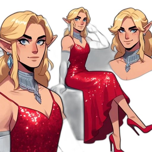 dress, concept art, comic book art, cartoon, fantasy art, red, golden, animated transparent PNG cut-out