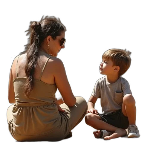 photorealistic, young, boy, sitting, ground, woman, next, him transparent PNG cut-out